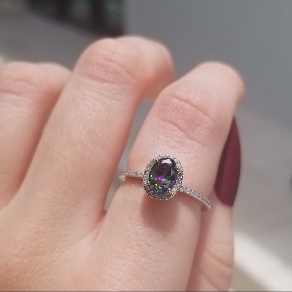 .925 Sterling Silver Rainbow Topaz Halo CZ Ring - Picture 3 of 6